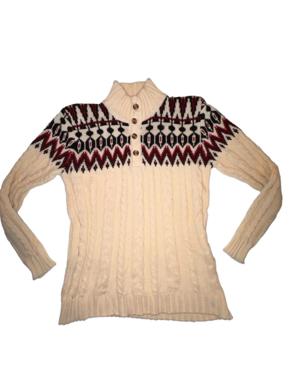 Women's XXL ZyfGree Nordic Fair Isle Cable Knit Sweater Cream Burgundy Placket
